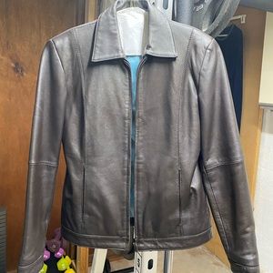 Brown leather jacket.